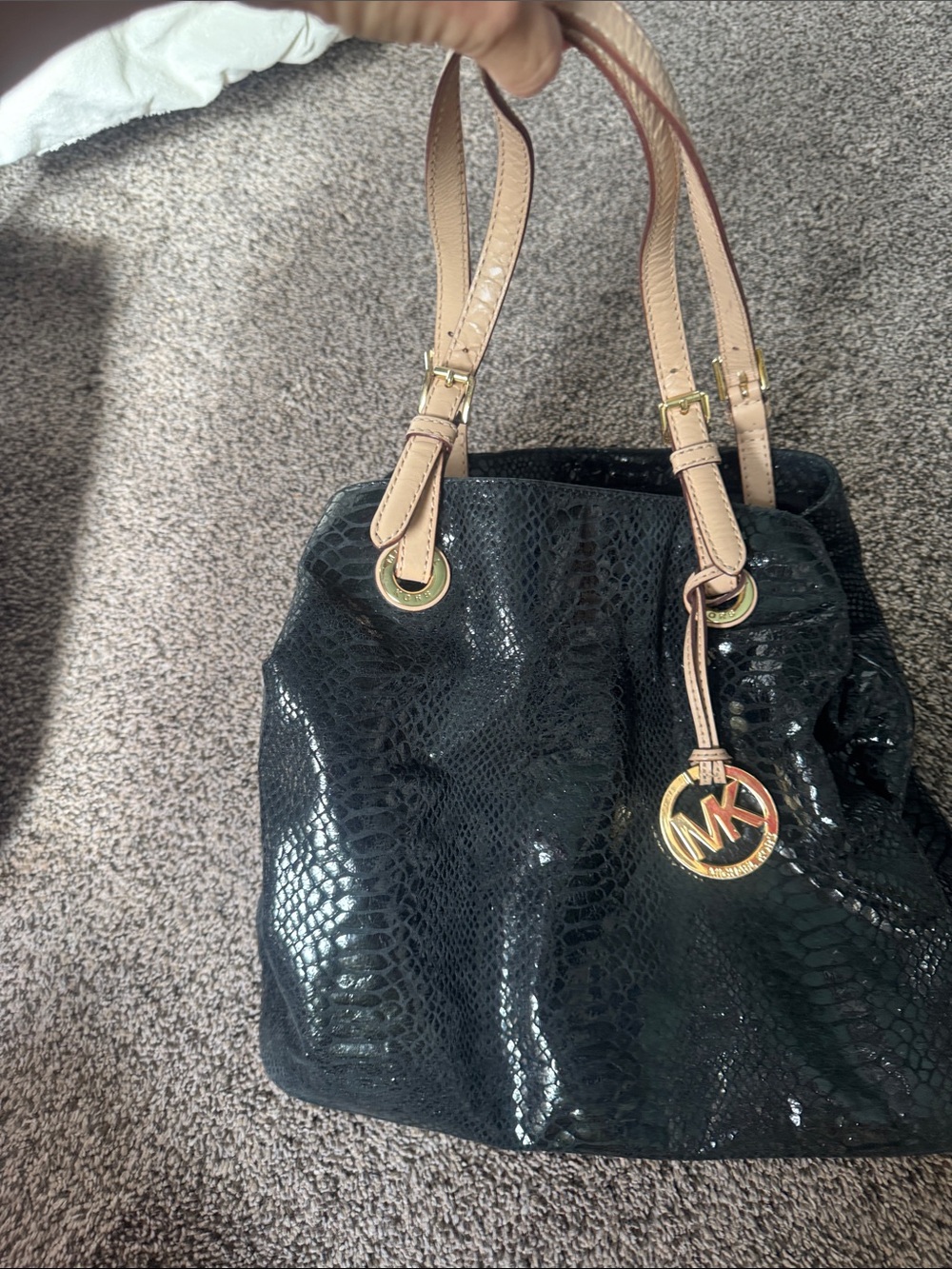 Michael Kors Black Snake-Embossed Shoulder Tote with Beige Straps
